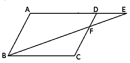 A parallelogram ABCD with its extended side AD meeting point E, and line BE intersecting side CD at point F.