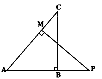 Triangle ABC with right angle at B and triangle AMP with right angle at M, both sharing vertex A, and lines BC and MP perpendicular to AP.
