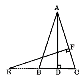Geometric diagram showing triangle ABC with height AD and points E and F; E lies on extended BC, and EF is drawn perpendicular to AC.
