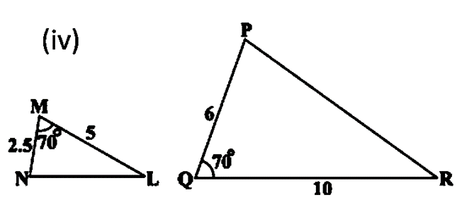 Two triangles, △MNL with sides 2.5 and 5 and angle 70°, and △PQR with sides 6 and 10 and angle 70°, illustrating SAS similarity.