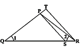 A geometric diagram showing triangles PQS and TQR within quadrilateral PQTRS, with marked angles ∠1 and ∠2.