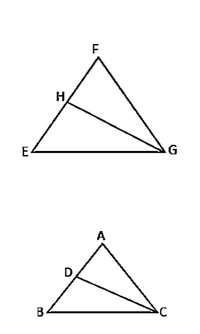 Two triangles, one labeled ABC with a point D inside, and one labeled FEG with a point H inside, connected by lines representing angle bisectors.