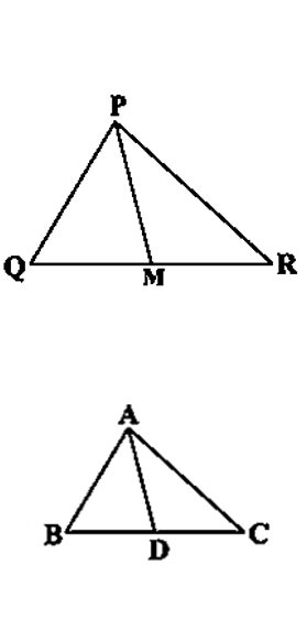 Two triangles, ABC and PQR, with medians AD and PM drawn from vertices A and P to sides BC and QR, respectively.