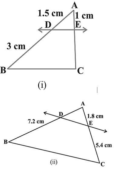 "Two labeled triangles showing segments and measurements for Thales theorem NCERT Class 10 problem"