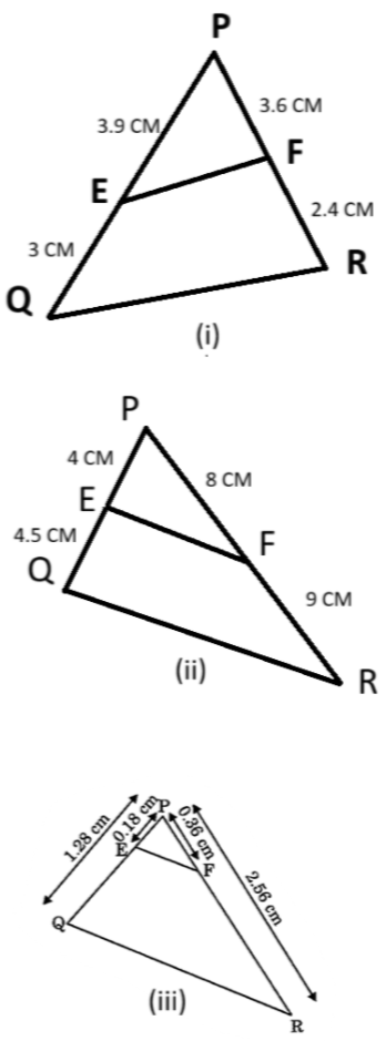 "Two labeled triangles showing segments and measurements for Thales theorem NCERT Class 10 problem"