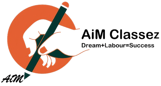 Logo of AiM Classez featuring a hand holding a pencil, orange circle background, and slogan "Dream+Labour=Success".