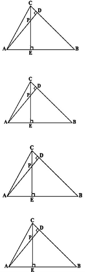 Four triangles drawn inside triangle ABC, each showing intersections of lines AD and CE at point P with right angles marked at E and D.