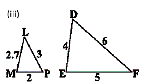 Two triangles, △MLP with sides 2, 2.7, 3 and △DEF with sides 4, 5, 6, showing proportional side lengths for similarity.