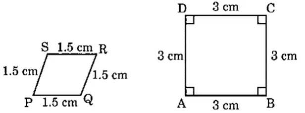 A parallelogram with all sides labeled 1.5 cm (PQRS) and a square with all sides labeled 3 cm (ABCD).