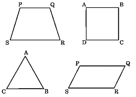 A set of geometric shapes showing a trapezium, a square, a triangle, and a parallelogram, each labeled with vertices.