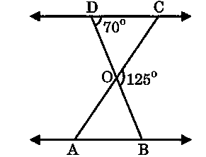 Intersection diagram of two straight lines AB and DC with crossing lines at point O, angles shown as ∠CDO = 70° and ∠BOC = 125°.