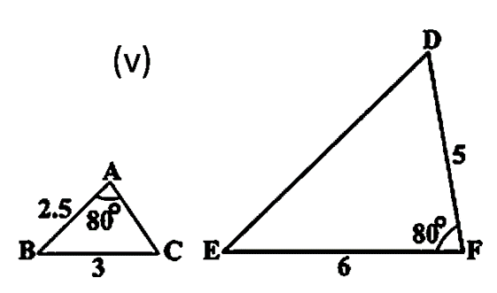 Two triangles, △ABC with sides 2.5, 3 and angle 80°, and △DEF with sides 5, 6 and angle 80°, demonstrating the SAS similarity criterion.