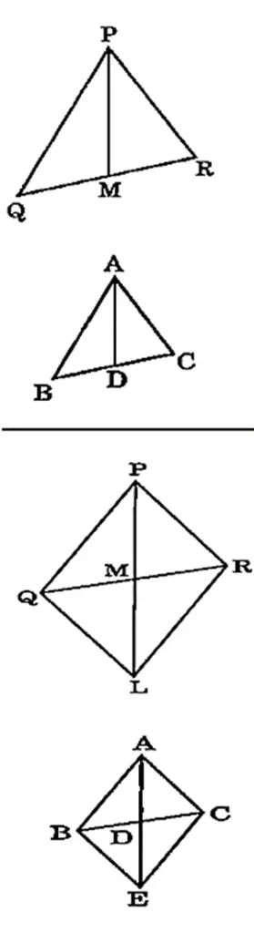 Diagrams showing triangles ABC and PQR with medians, and parallelogram constructions for geometric proofs.