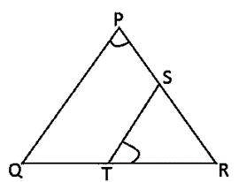A triangle PQR with points S on PR and T on QR, showing the construction of two similar triangles RPQ and RTS.